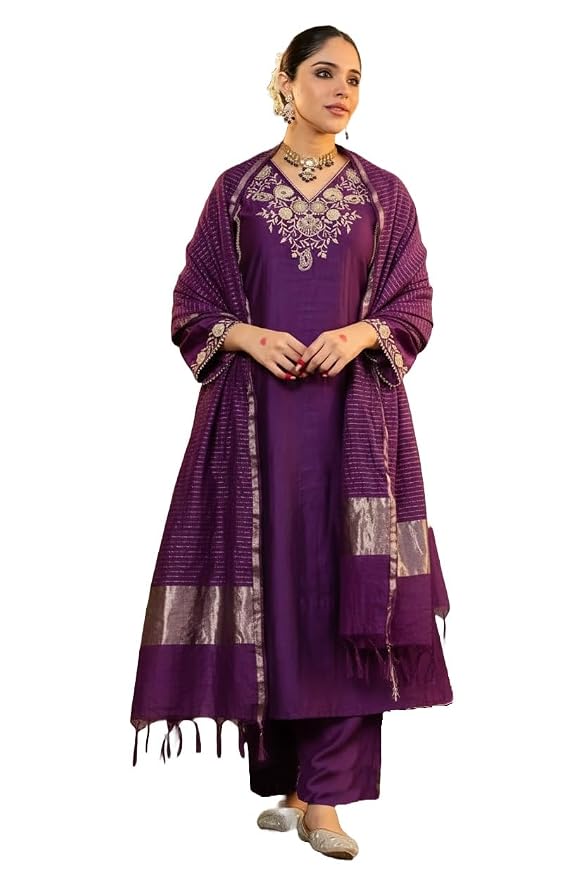 Women Embroidery Solid Straight Kurta and Pant Set with Dupatta