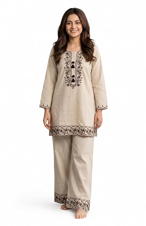 Cotton Embroidered Kurta Pant Set for Women N Girls Straight Fit