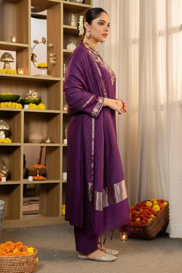 Women Embroidery Solid Straight Kurta and Pant Set with Dupatta