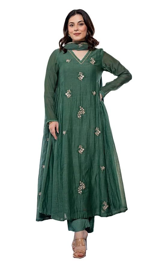 Women Embroidery Solid Anarkali Kurta and Pant Set with Dupatta