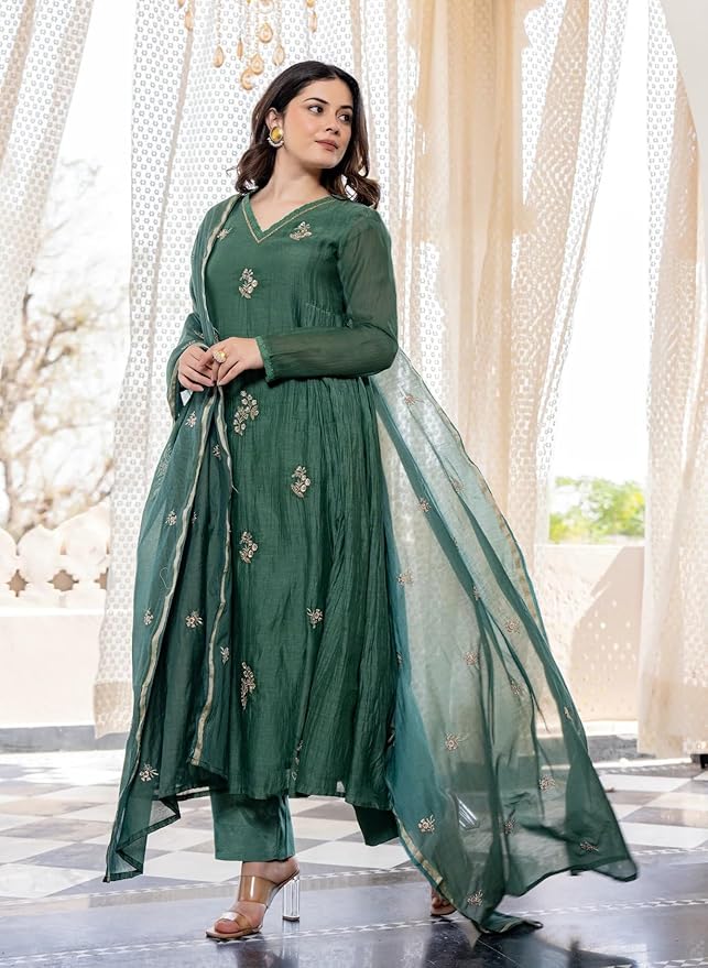 Women Embroidery Solid Anarkali Kurta and Pant Set with Dupatta