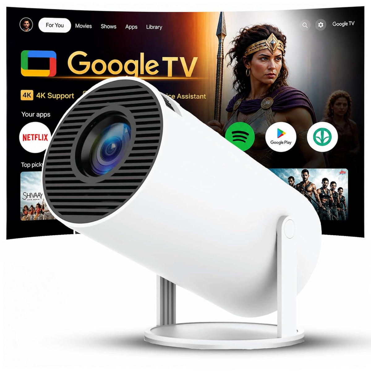 Smark Portable Smart Mini Projector, 4K 1080P Full HD Projector Supports Netflix, Prime and YouTube Etc. WiFi 5G, BT-5.0, Cinema Projector 180° Android 11, Compatible with TV Stick/Windows/iOS/Android
