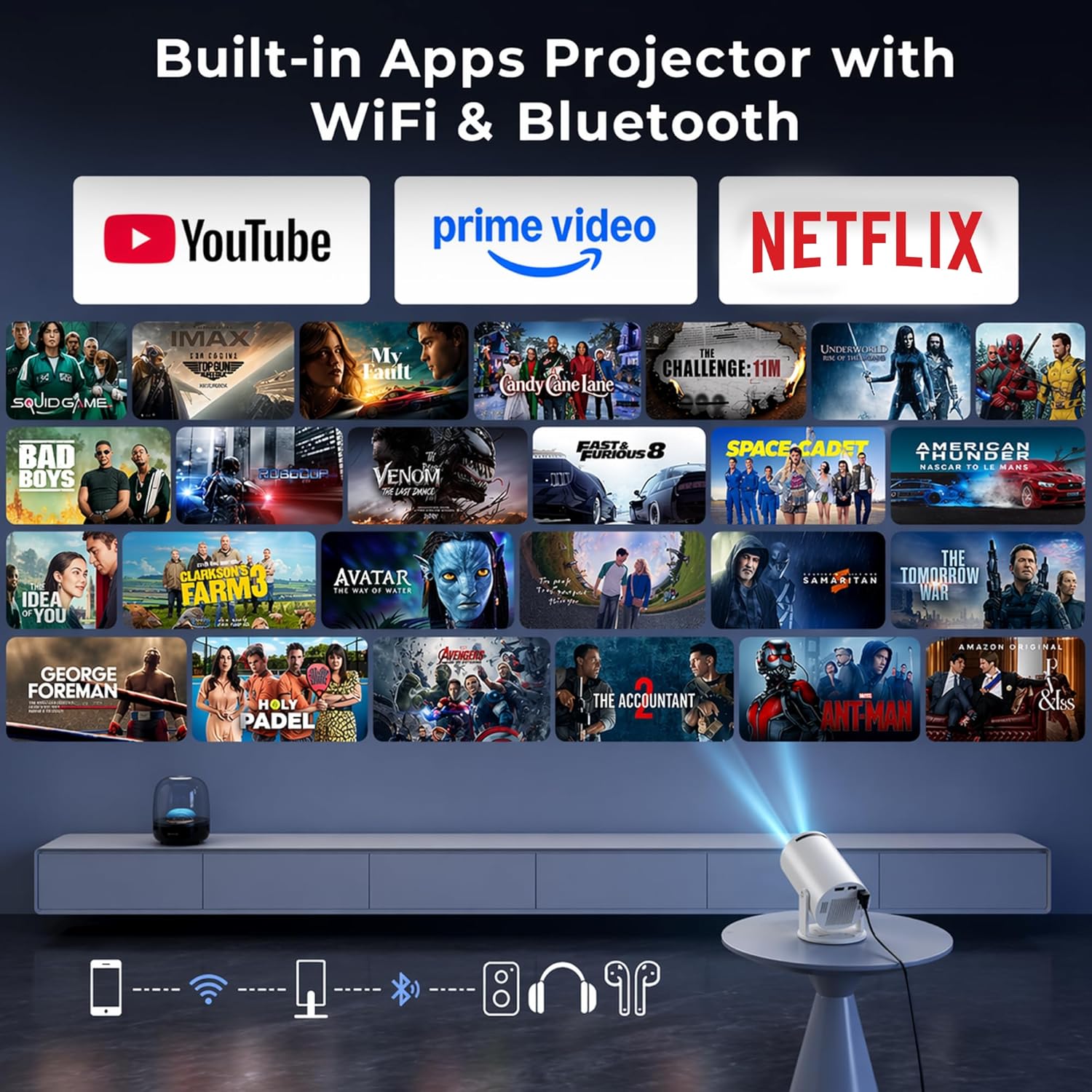 Smark Portable Smart Mini Projector, 4K 1080P Full HD Projector Supports Netflix, Prime and YouTube Etc. WiFi 5G, BT-5.0, Cinema Projector 180° Android 11, Compatible with TV Stick/Windows/iOS/Android